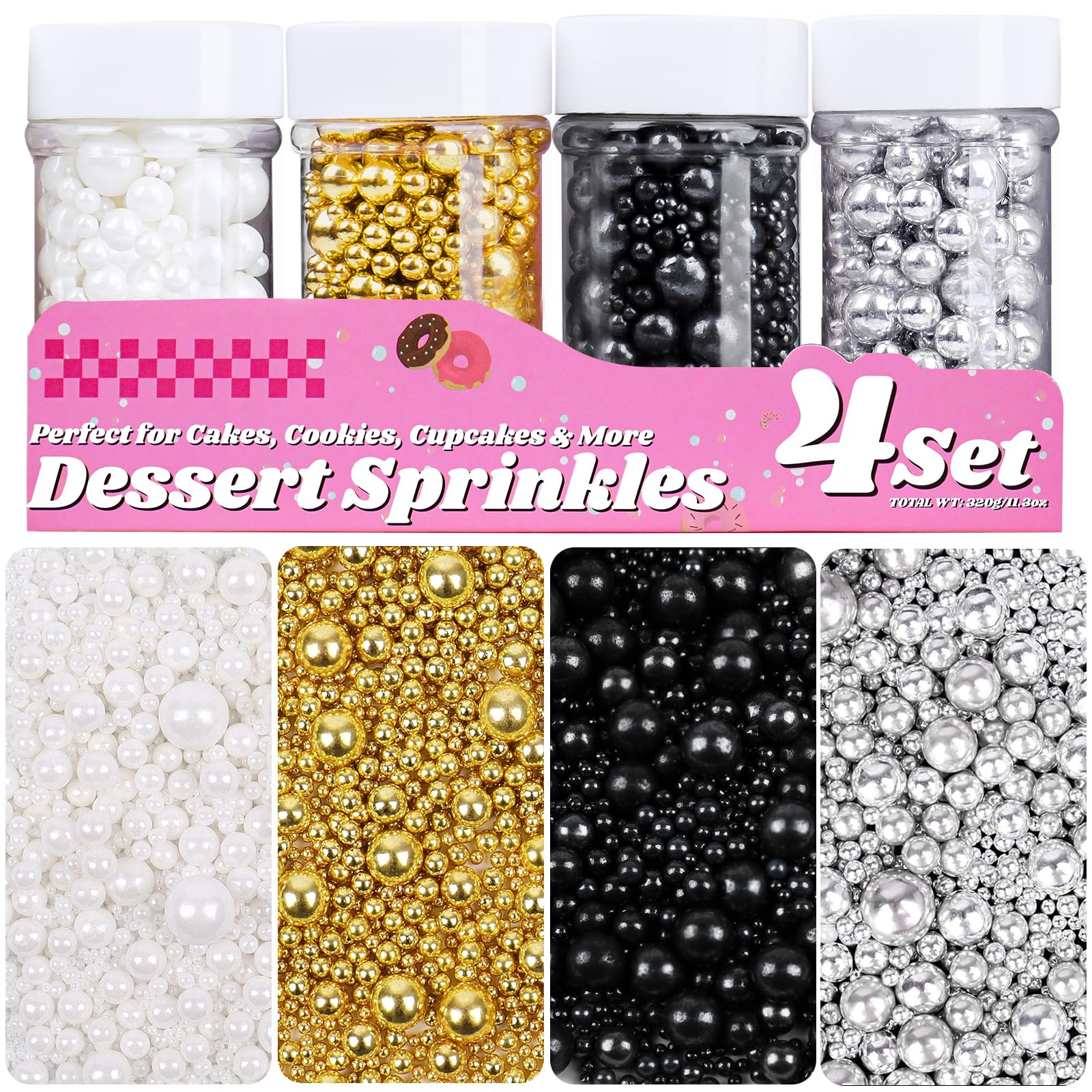 Gold White Black Silver Edible Pearl Sprinkles 11.3oz