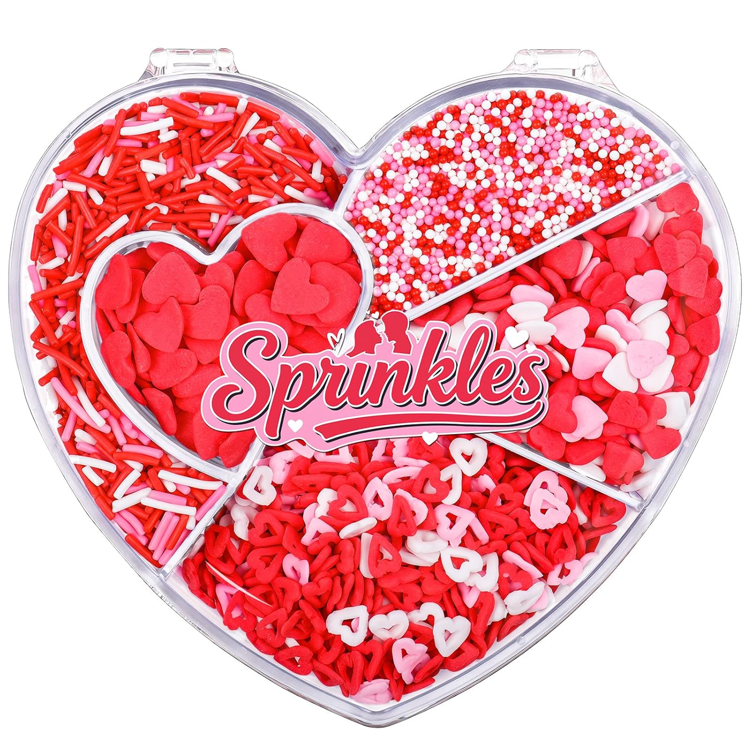 Valentines Sprinkles, 8.8oz Heart Sprinkles for Cake Decorating, 5-Cell Red Pink White Heart Nonpareils Jimmies Mix for Baking, Cookie, Cupcake, Ice Cream, Wedding Party Valentines Supplies