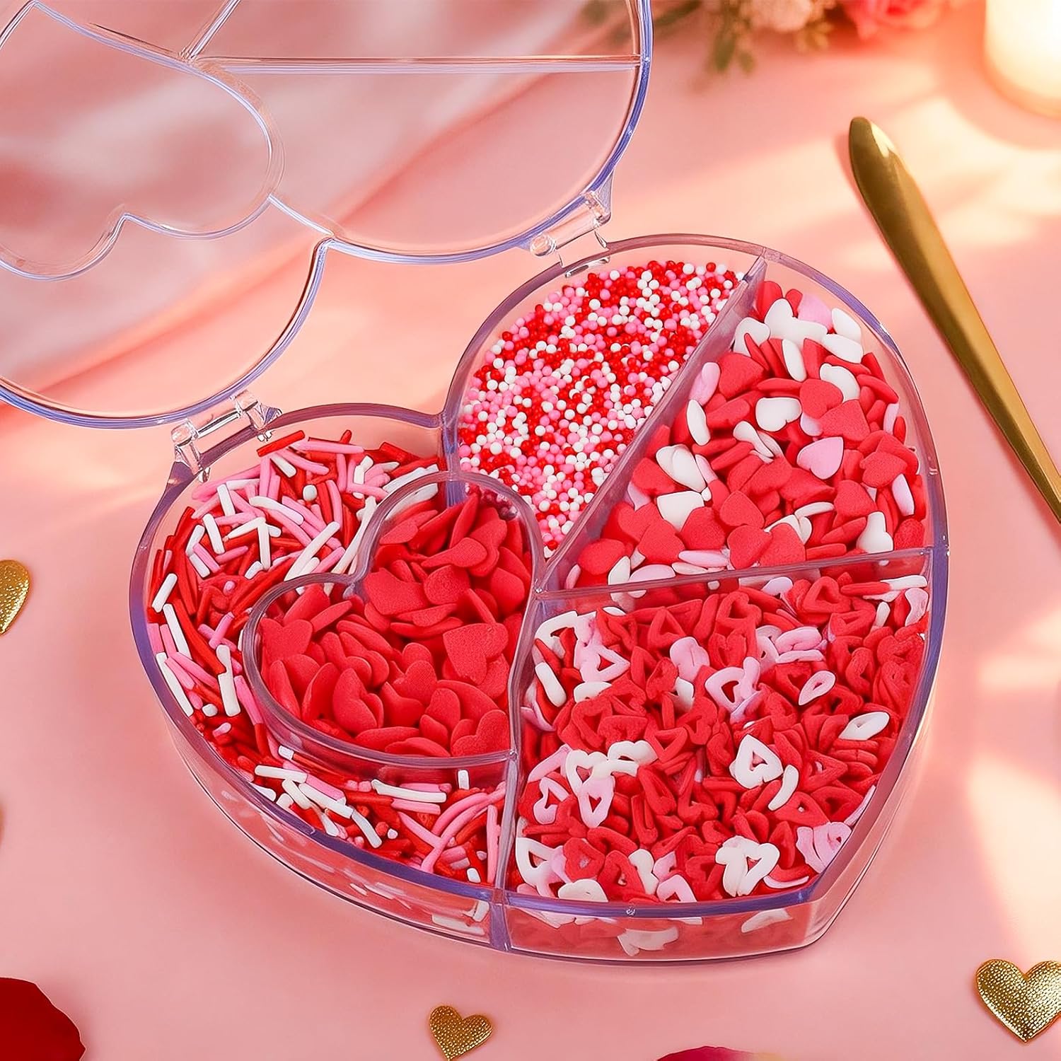 Valentines Sprinkles, 8.8oz Heart Sprinkles for Cake Decorating, 5-Cell Red Pink White Heart Nonpareils Jimmies Mix for Baking, Cookie, Cupcake, Ice Cream, Wedding Party Valentines Supplies - Image 2