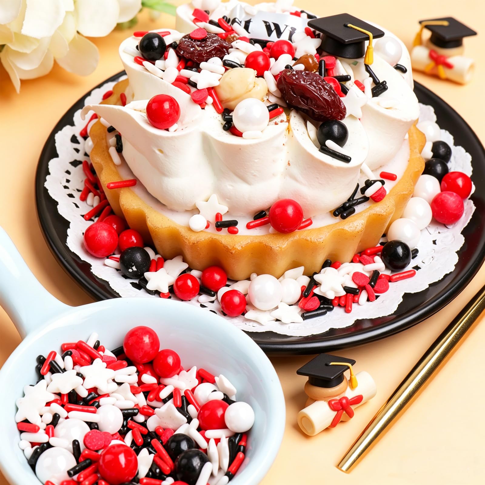 Red White and Black Sprinkles for Cake Decorating – Edible Jimmies Pearl Star Sprinkle Mix for Cakes, Cupcakes, Cookies & Dessert Toppers - Image 7