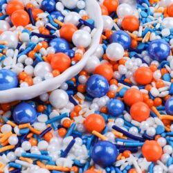 orange blue sprinkles mix pearl jimmies cake decorating sports theme